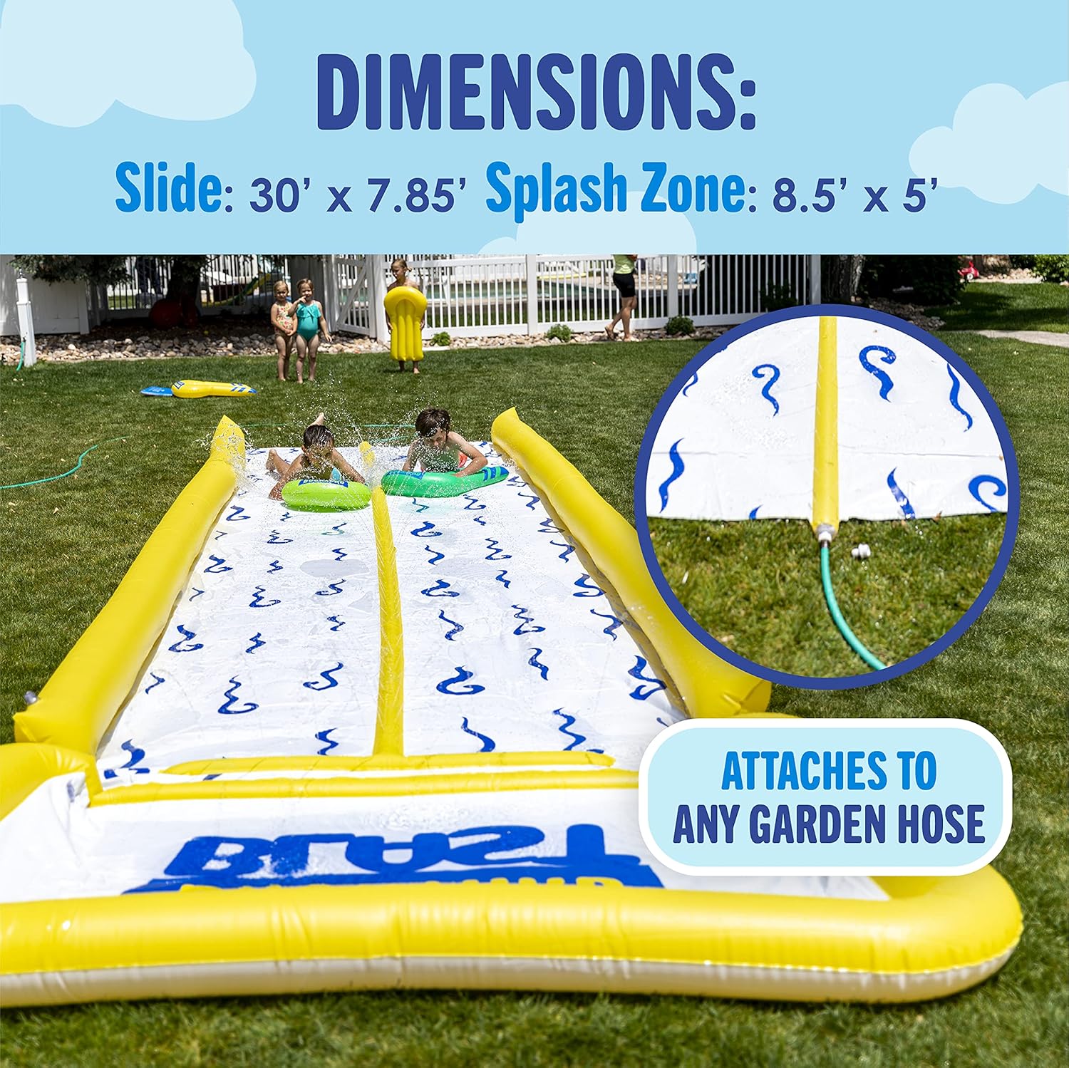BACKYARD BLAST - 30' Waterslide with Bumpers and Splash Zone, 2 Inflatable Riders and Hand Air Pump - Easy to Setup - Extra Thick to Prevent Rips & Tears: Toys & Games