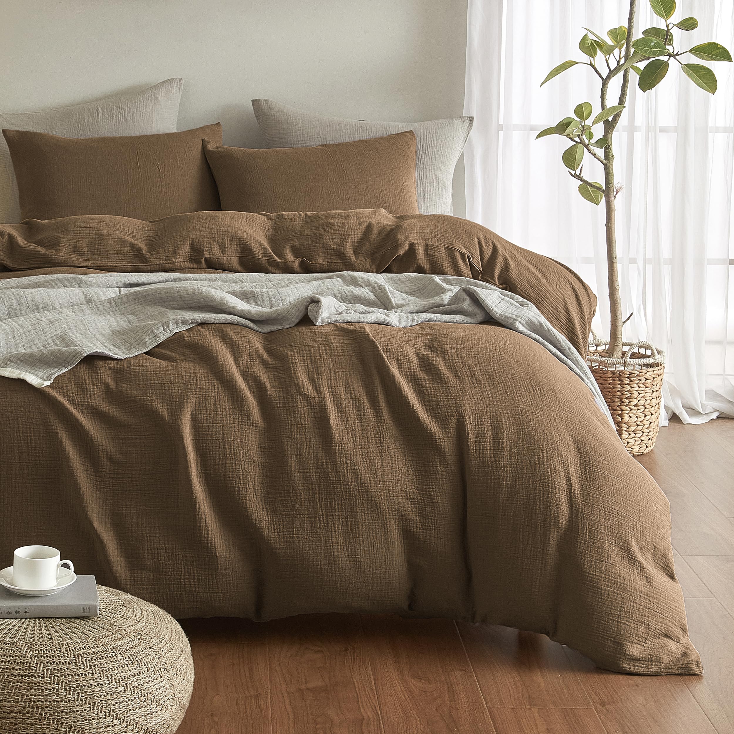 Photo 1 of SE SOFTEXLY Muslin Duvet Cover Queen Size, 100% Washed Cotton Duvet Cover Set, Ultra Soft Comforter Cover Linen Like, 3 Pieces Minimalist Gauze Duvet Cover with 2 Pillowcases, 90"x90", Dark Brown