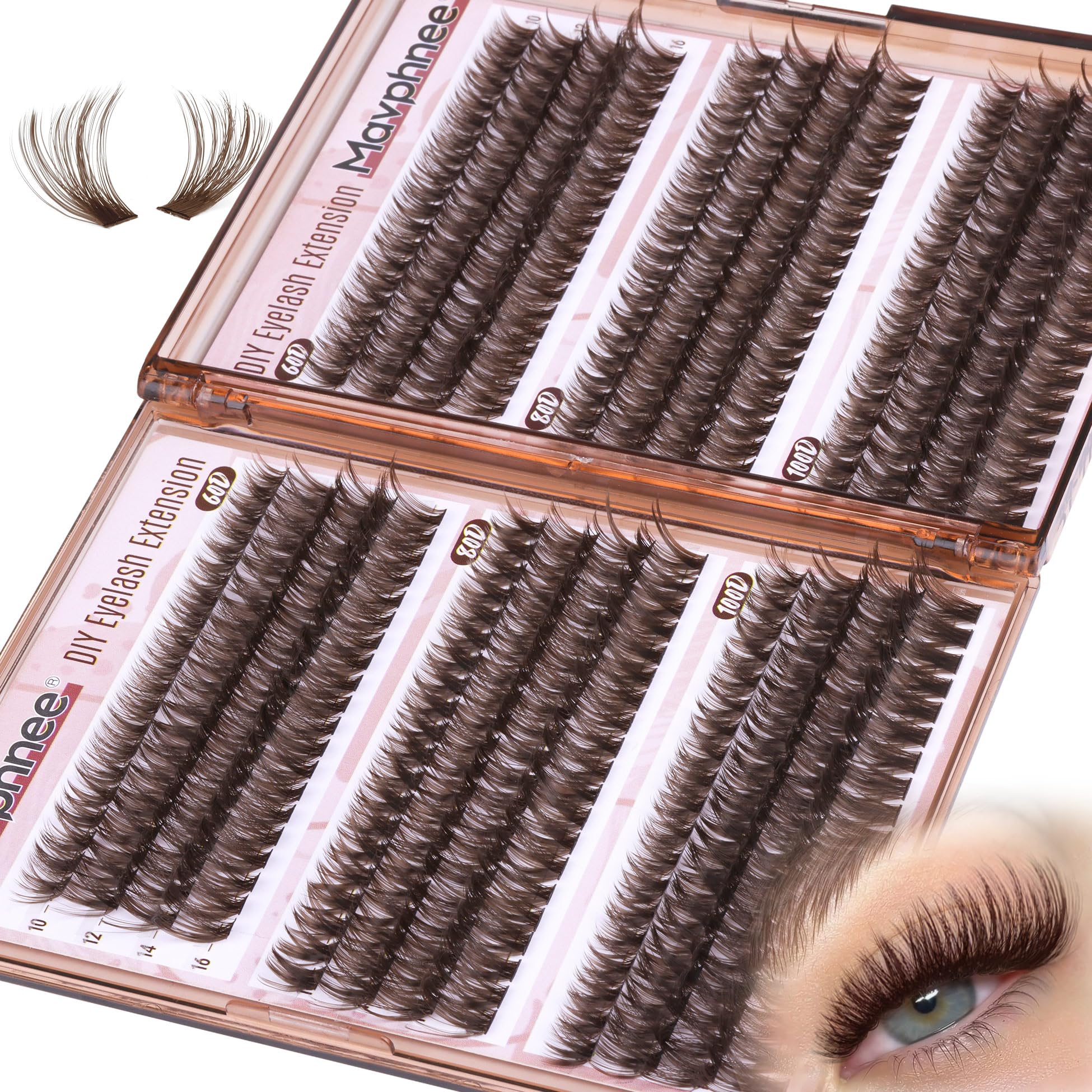 Brown Lash Extensions D Curl Eyelash Extensions 480Pcs Volume Lash Clusters Dark Brown Cluster Eyelash Extensions Wispy Clusters Individual Lashes Fluffy Cluster Lashes (60D 80D 100D Mixed, 10-16MM)