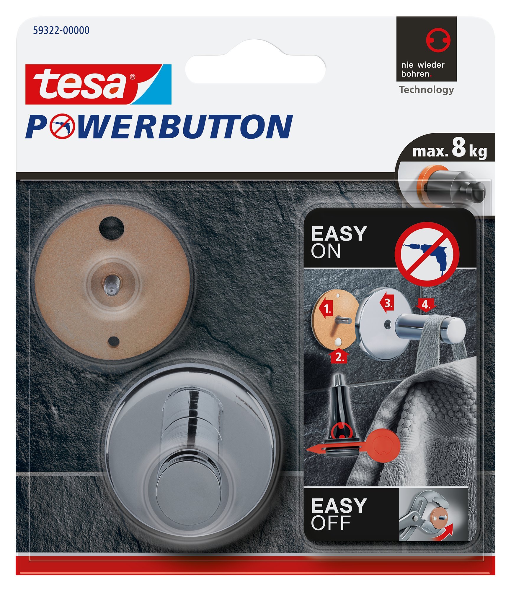 tesa Powerbutton Universal Self-Adhesive Hook - Round Chrome-Plated Metal Hook - Bathroom Towel Holder - Max Load 8 kg - Shiny Silver