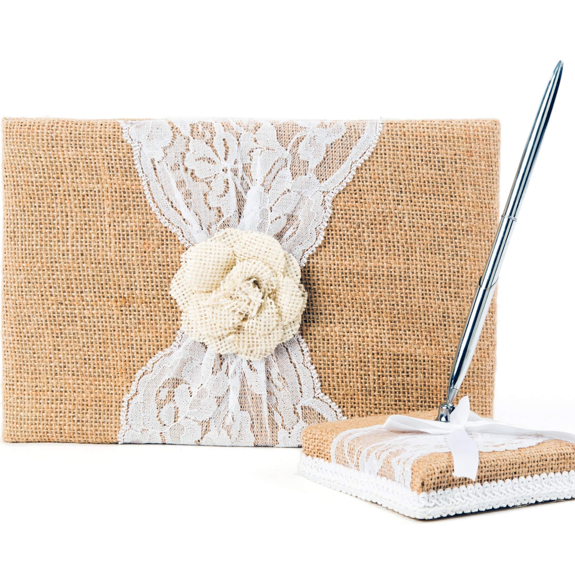 BETTERLINE Rustic Wedding Guest Book Made of Burlap and Lace - Includes Matching Pen Holder and Silver Pen - 120 Lined Pages for Guest Thoughts - Comes in Gift Box (White Flower)