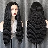 WXHWCX Long Black Middle Part Wavy Wig For Women Heat Resistant Fiber Hair Synthetic Lace Front Wigs Daily Party Use Wigs
