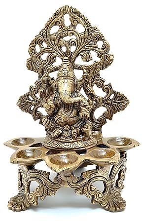 Two Moustaches Brass Panchdeep Ganesha Carving Diya