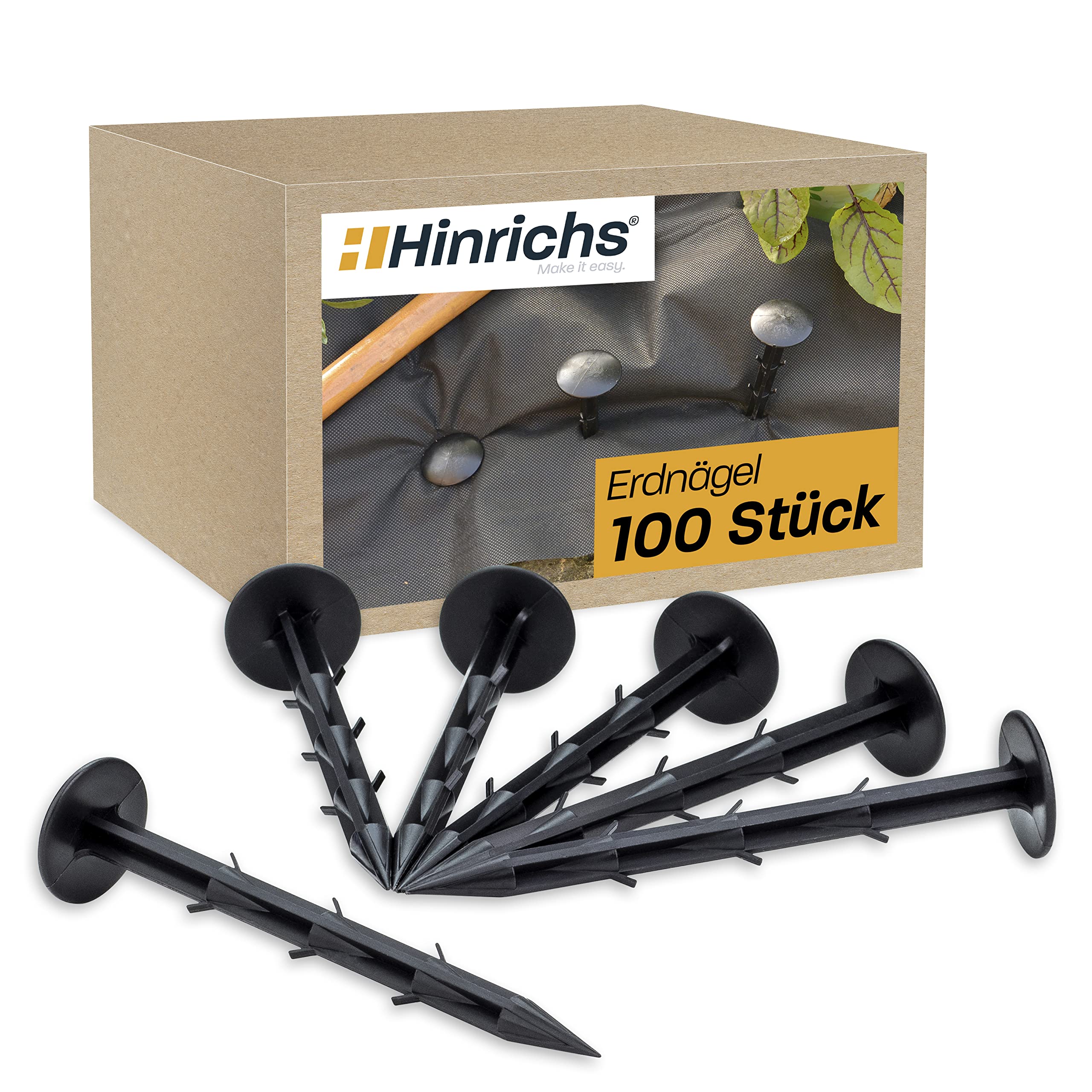 Hinrichs Garden Pegs 100 pcs. - Ground Anchor Weed Membrane extra strong - 6 Barbs - 5.7", 1.4" Head Diameter - Weed Control Fabric Mole Net Films Tarpaulins Ground Anchors - Plastic Nails black