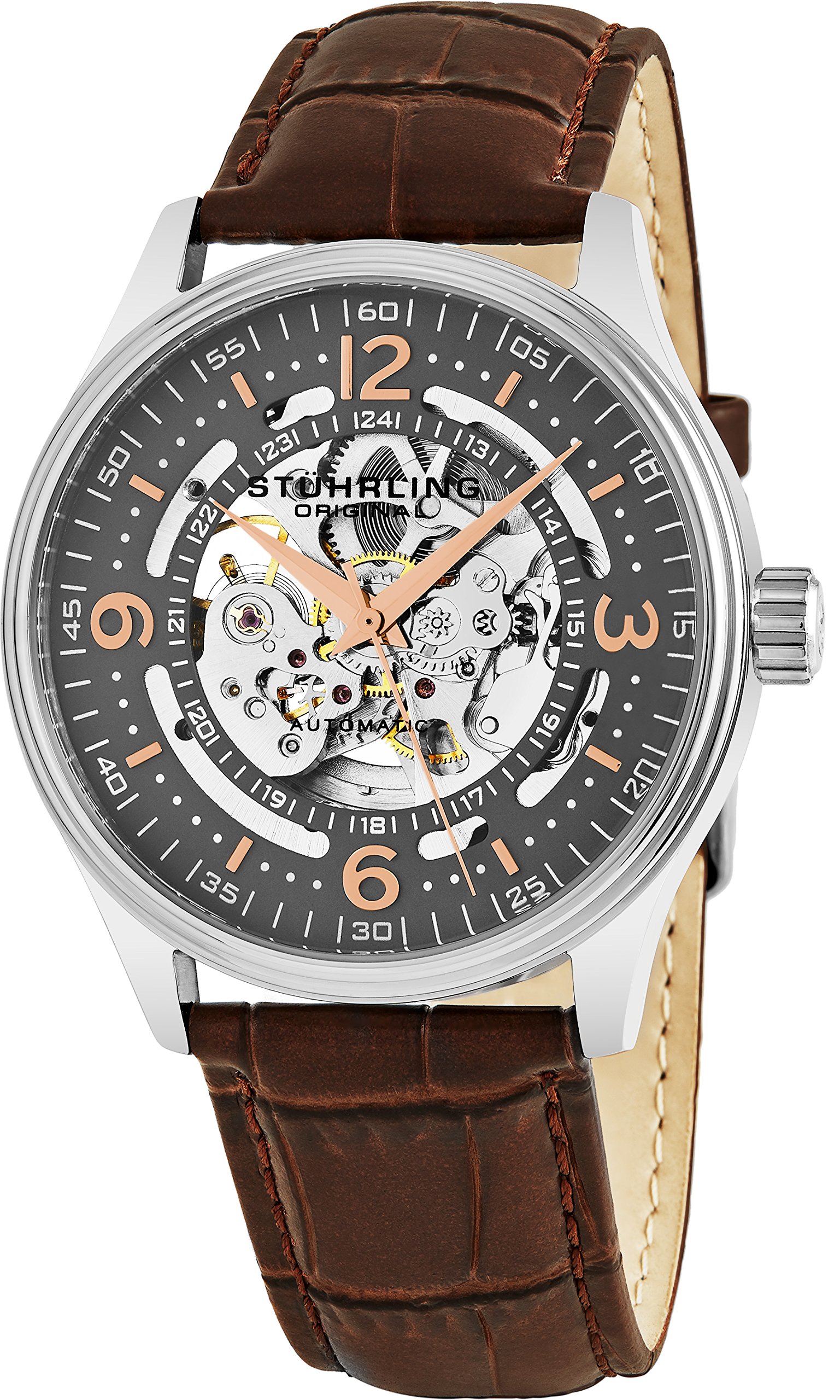 Men's Automatic Skeleton Dress Watch Genuine Leather Band with self