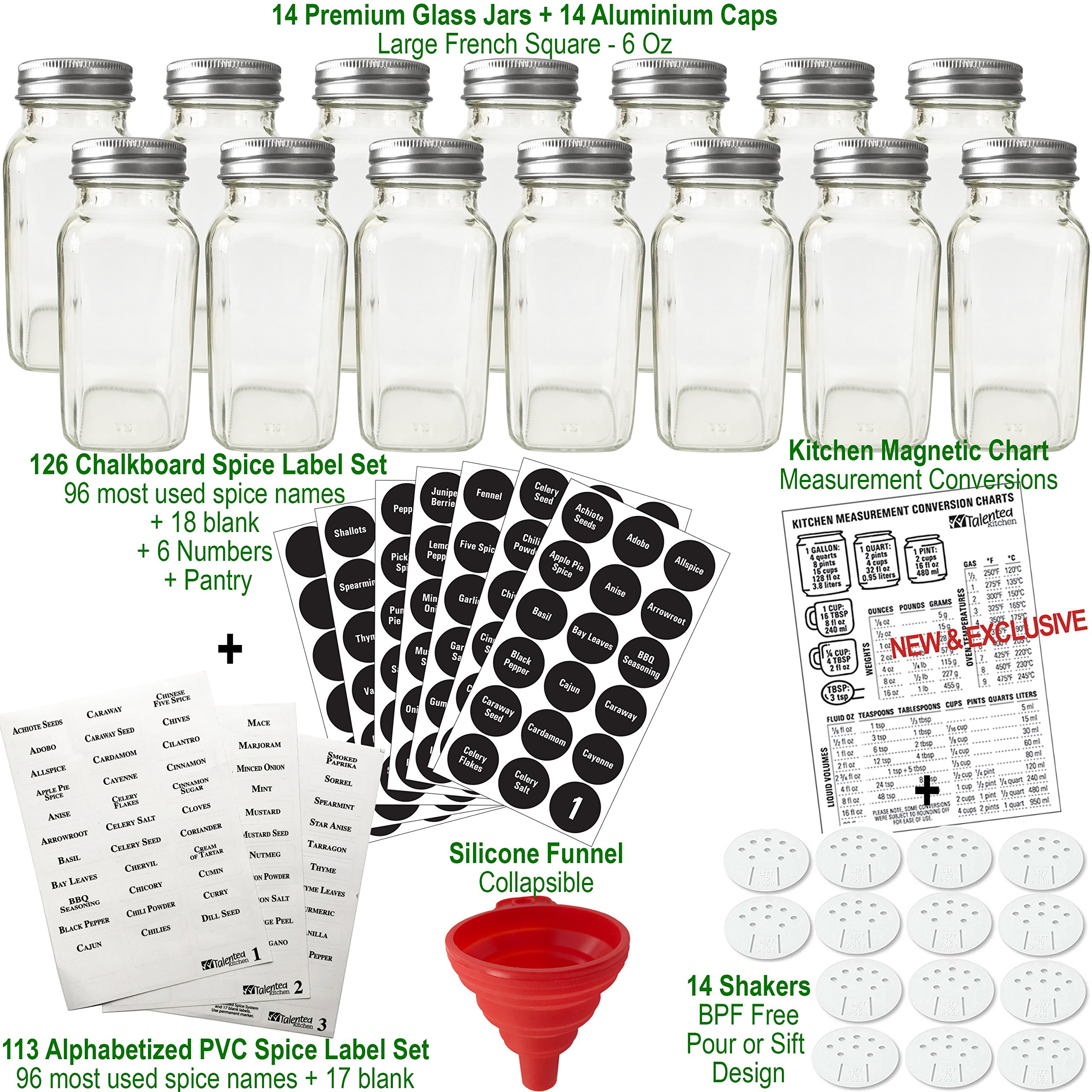 14PACK Glass Spice Jars, Available in 3 Matching Sizes 4oz, 6oz and