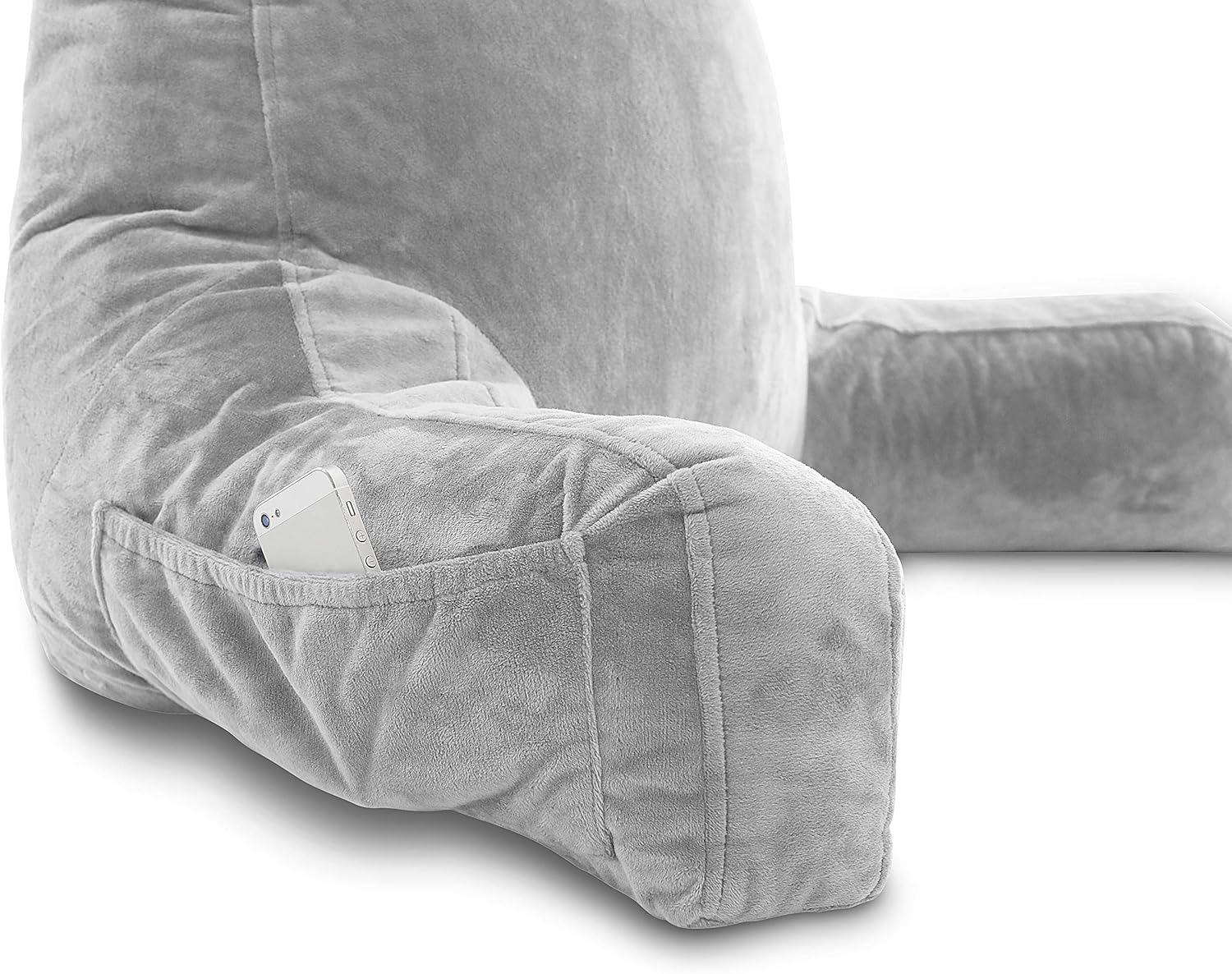 Husband Pillow - Light Grey, Big Backrest Reading Bed Rest Pillow with Arms, Plush Memory Foam Fill, Remove Neck Roll Off Bungee, Change Covers, Zipper On Shell of Bed Chair for Adjustable Loft: Home & Kitchen