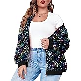 IN'VOLAND Womens Sequin Jacket Plus Size Sparkle Long Sleeve Jackets Front Zip Loose Casual Blazer Bomber Jacket with Pockets
