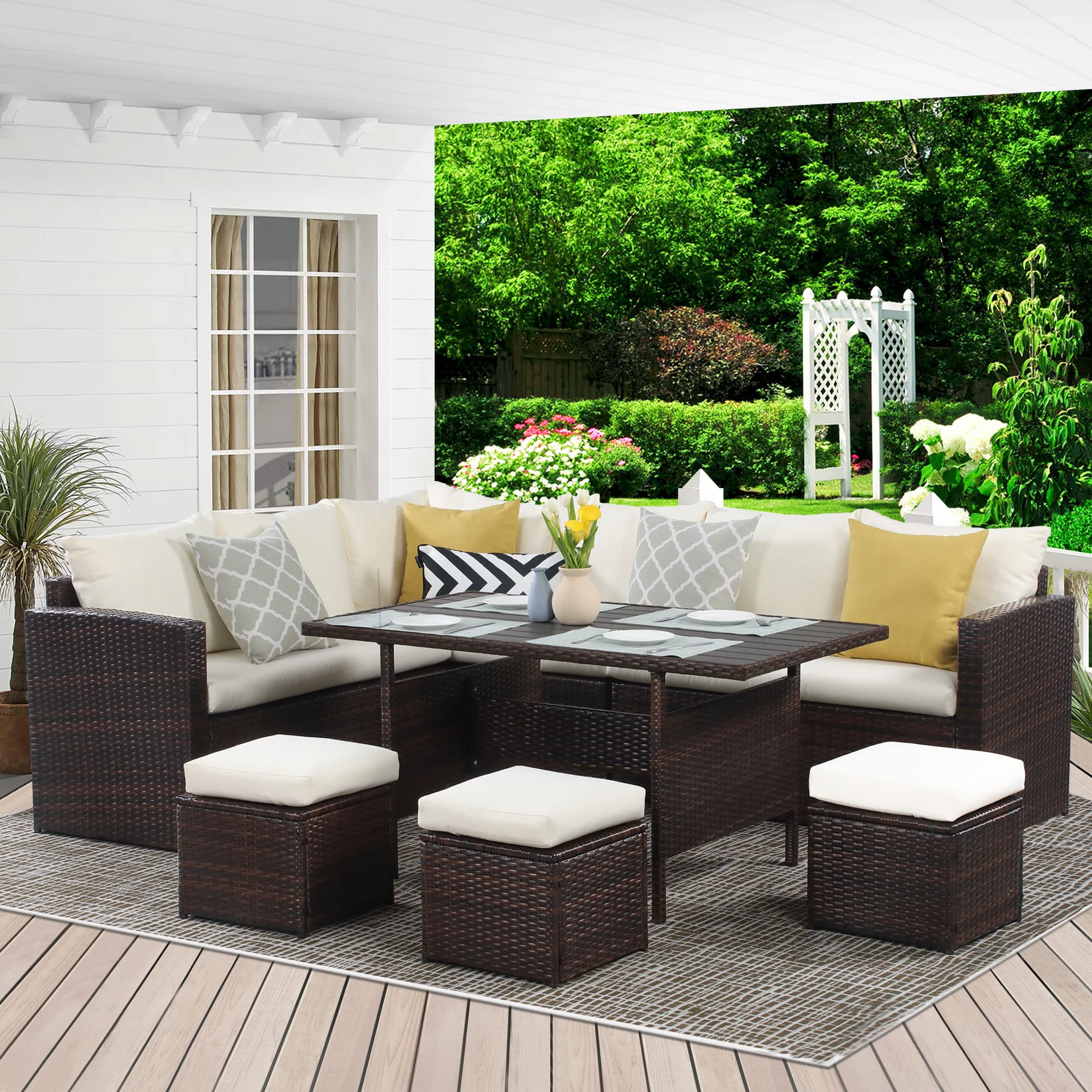 Photo 1 of ***  UNKNOWN WHICH SIDE IS MISSING INCOMPLETE SET***Wisteria Lane Patio Furniture Set, 7 Piece Outdoor Dining Sectional Sofa with Dining Table and Chair, All Weather Wicker Conversation Set with Ottoman, Ivory