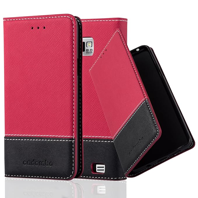 Cadorabo Hülle für Samsung Galaxy S2 / S2 Plus - Hülle in ROT SCHWARZ – Handyhülle mit Standfunktion und Kartenfach aus Einer