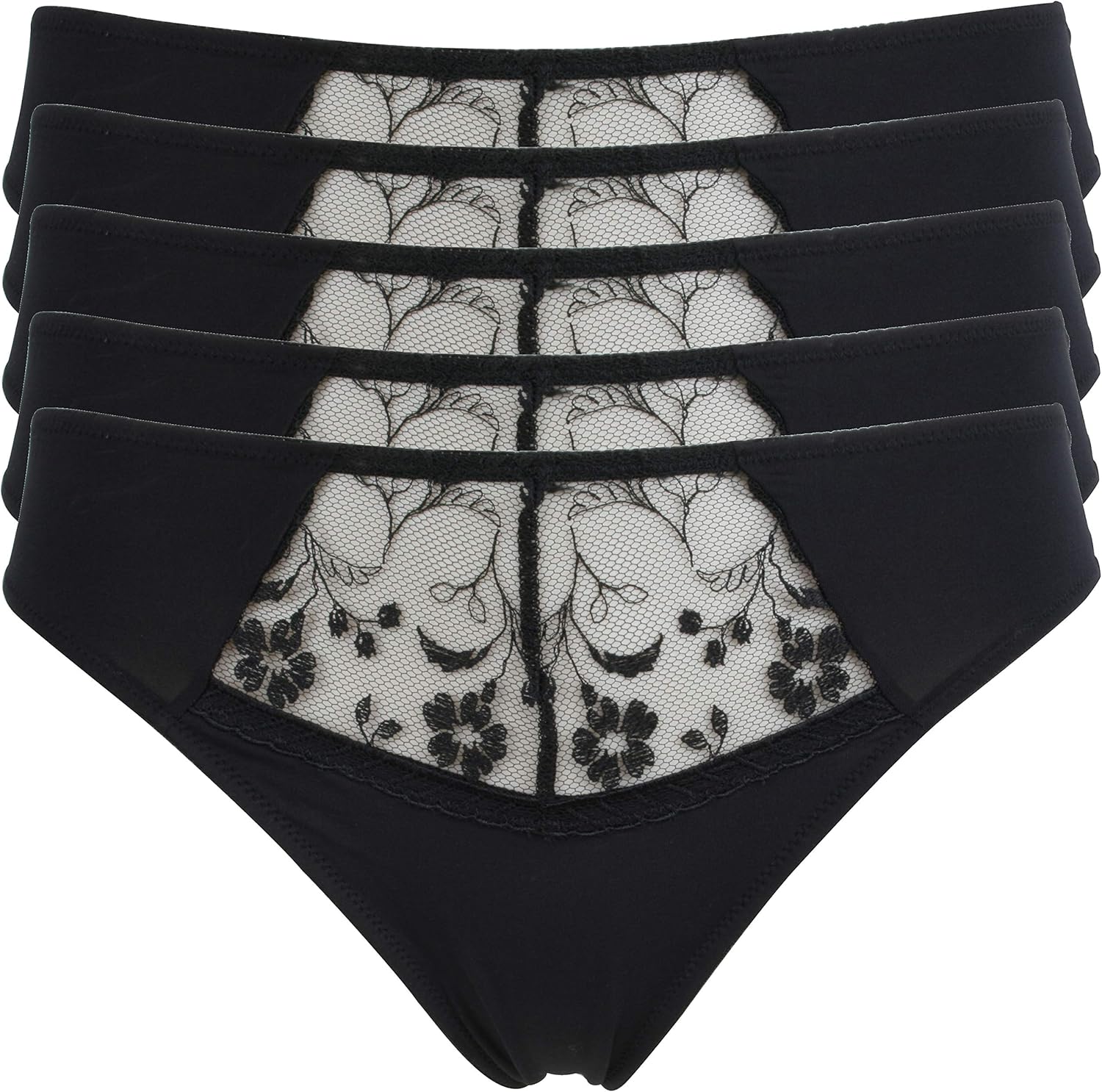 ExStore Multipack Lace Panel Microfibre High Leg Knickers 5 Pack Black