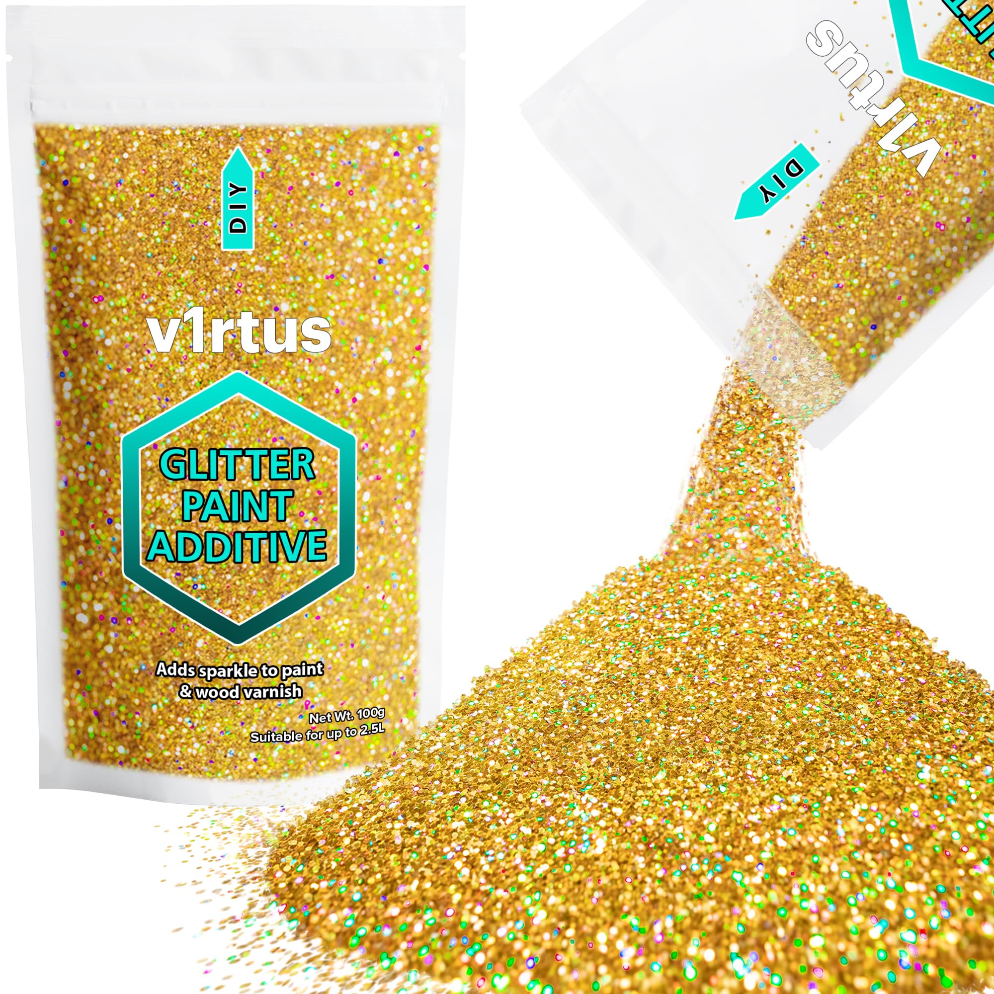 Holographic Gold Glitter Paint Additive 100g | Sparkle Glitter Paint for Walls Interior Exterior, v1rtus