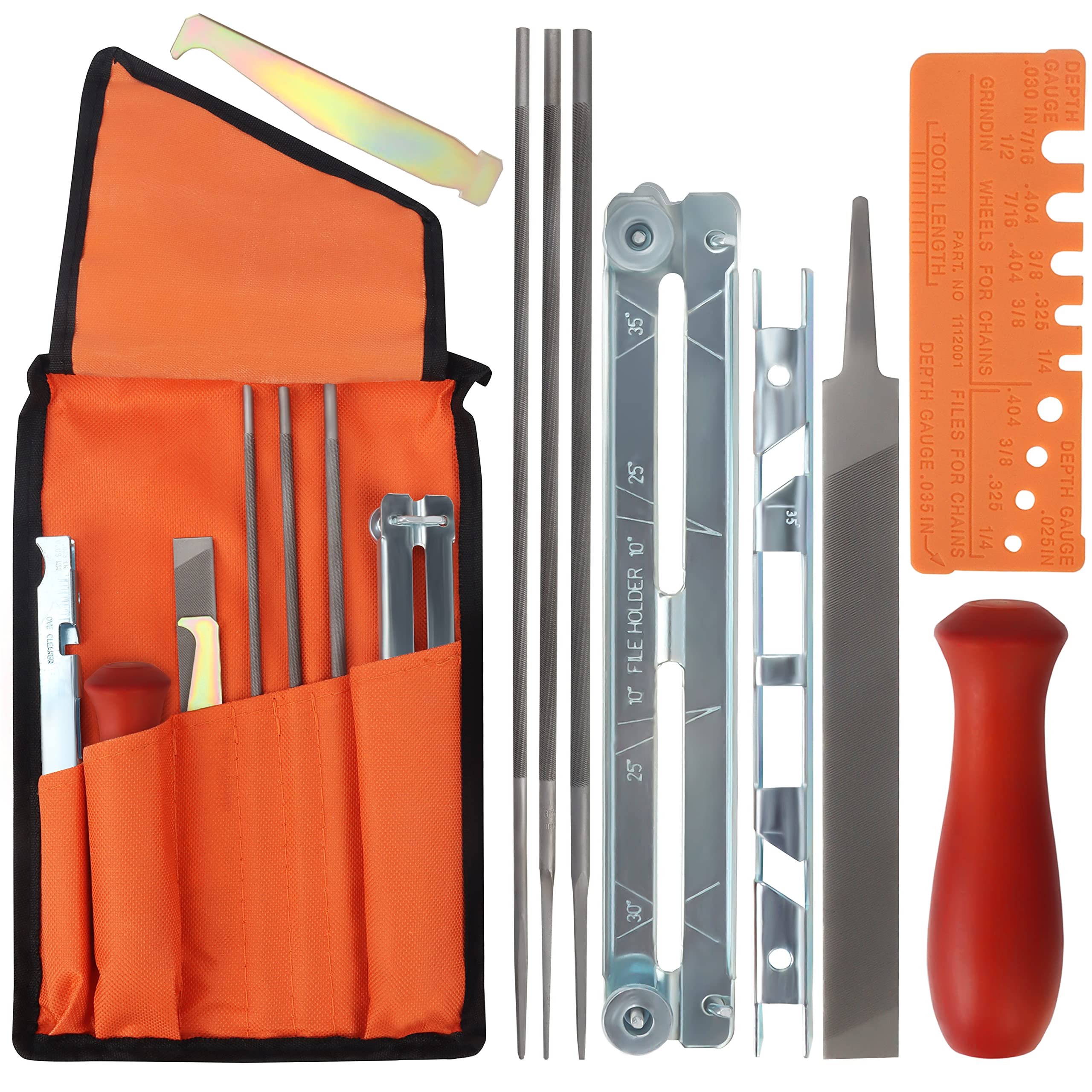 Belle Vous Chainsaw Sharpener File Kit - 1 Flat & 3 Round Files, Wood Handle, Depth Gauge, Quick Check Gauge, Bar Groove Cleaner & Filing Guide - for Sharpening & Filing Chain Saw & Other Blades