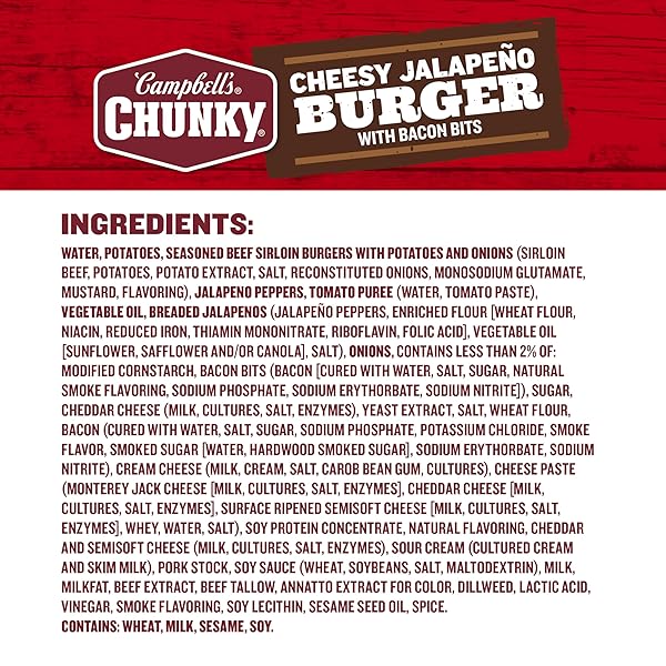 CAMPBELL’S CHUNKY SOUP, CHEESY JALAPEÑO BURGER WITH BACON BITS, 18.8 OZ CAN