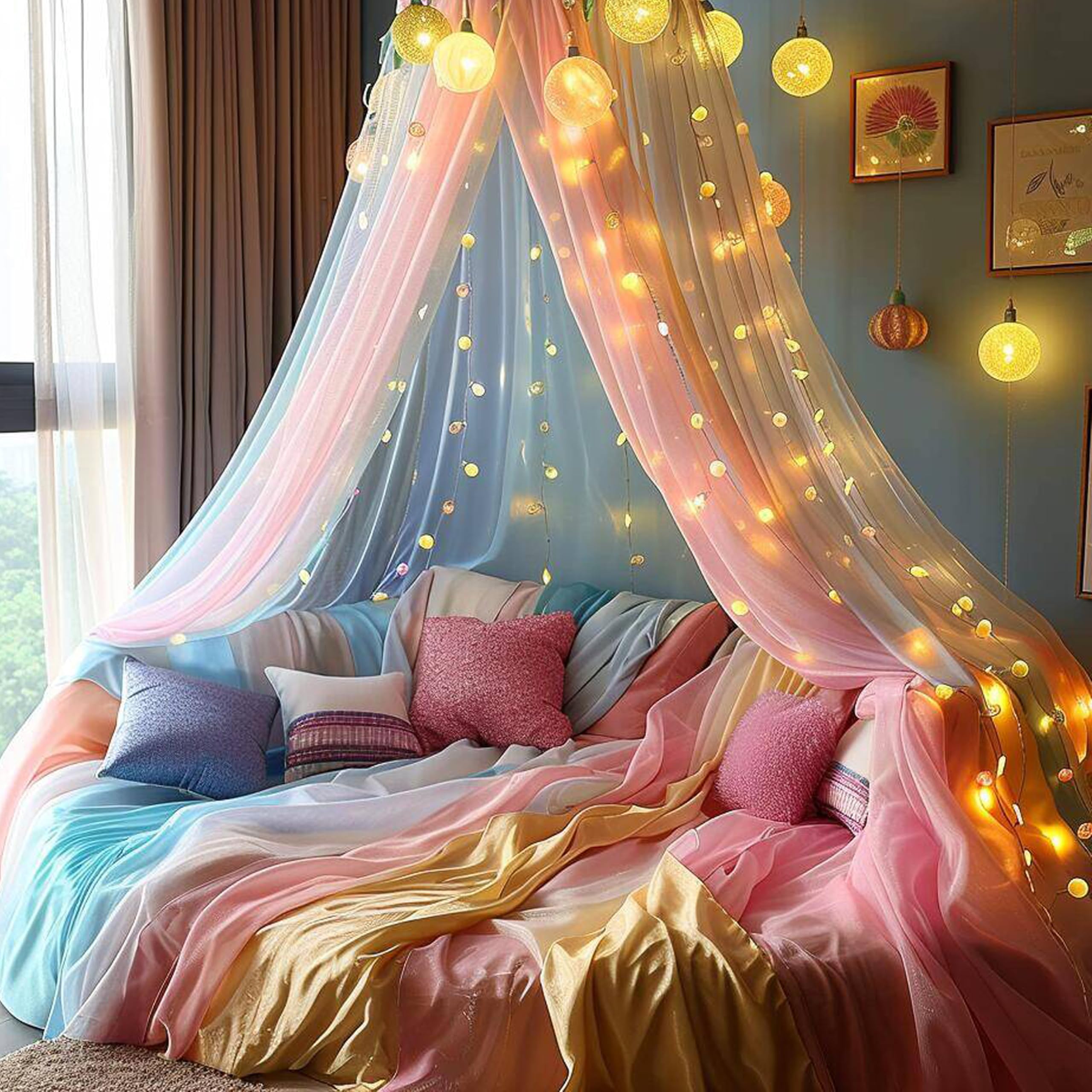Rainbow Mosquito Net Bed Canopy, Rainbow Bed Cover with 100 LED String Lights, Oversized Hanging Queen Bed Cover Bed Curtain Net for Infants, Kids, Girls or Adults, Double Bed