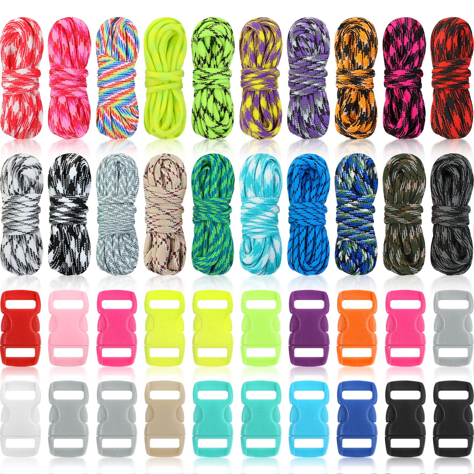 20 Set Paracord Kit 550 Paracord Survival Ropes Bracelets Outdoor Tent Rope Parachute Cord Combo Crafting Kits with 20 Buckle for DIY Bracelets, Key Rings, Dog Leads(Vivid Color)