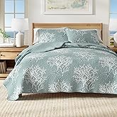 Great Bay Home Twin/Twin XL Coastal Quilt Bedding Set, Summer Coastal Quilt with Sham, Beach 2-Piece Reversible All Season Bedspread Quilt Set. Lightweight Nautical Quilted Coverlet.Ether Blue