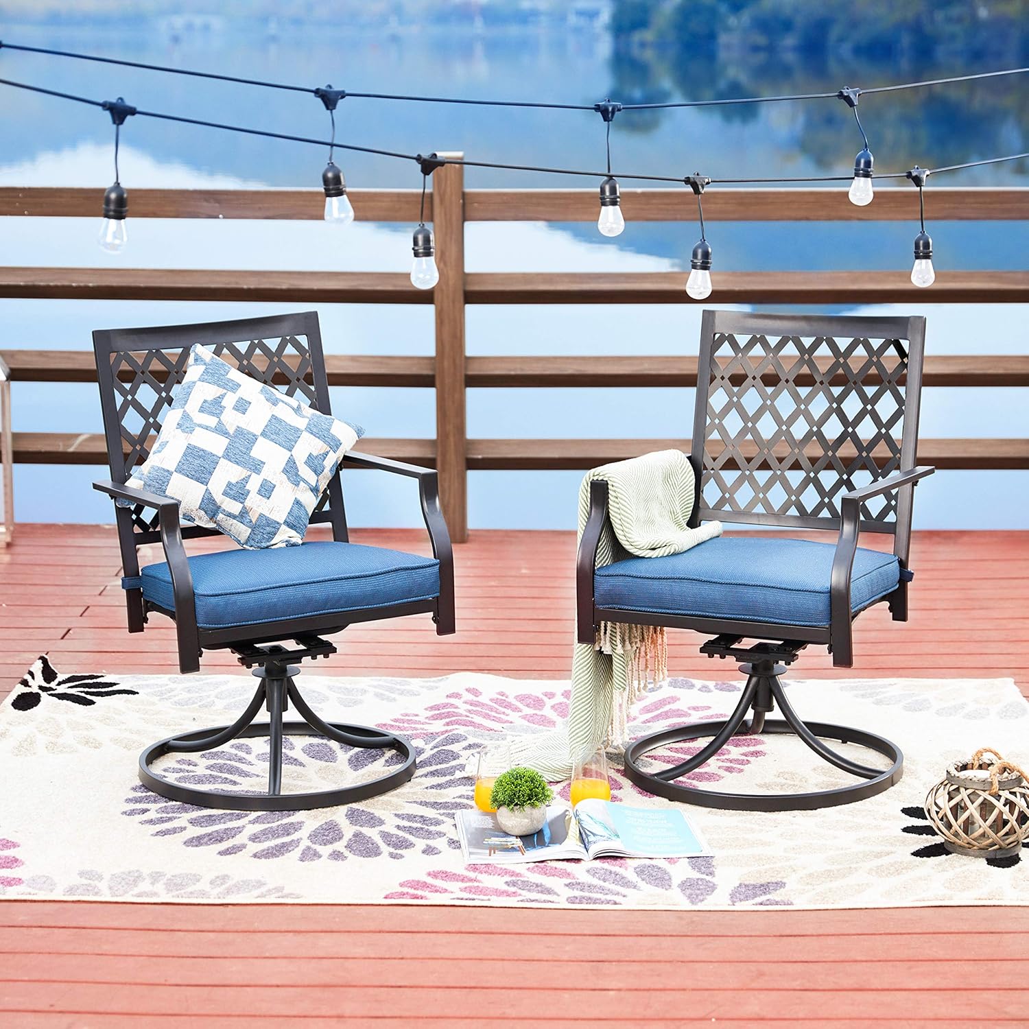 LOKATSE HOME Outdoor Patio Dinning Swivel Chairs Rocker Set of 2 Metal for Garden Backyard Furniture, Blue Cushions: Garden & Outdoor
