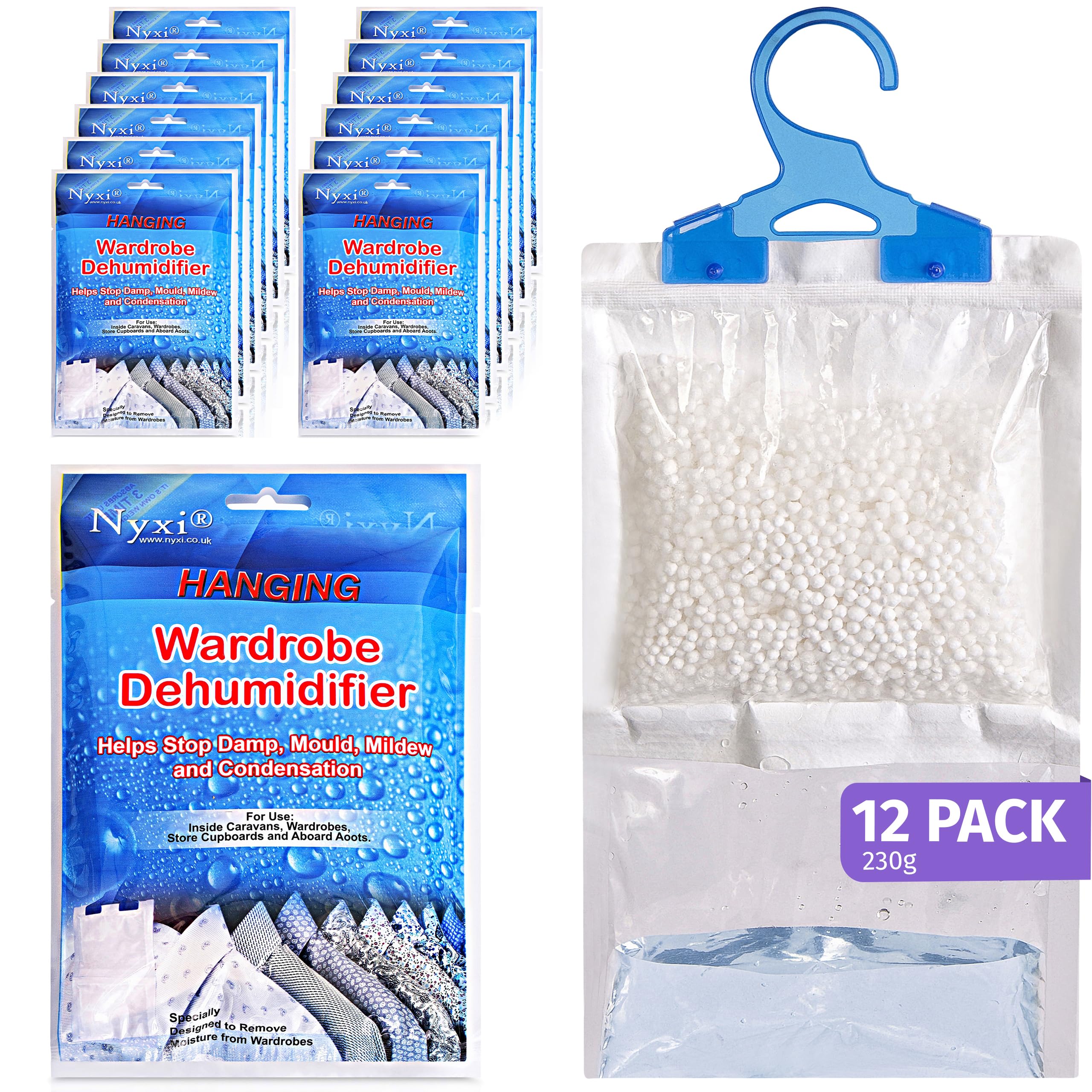 Nyxi Set of 12 Hanging Interior Wardrobe Dehumidifier - 230g Each Bag - Ideal to stop damp, mould mildew & condensation- For Wardrobe, Home, Kitchen, Garage, Bedroom, Caravan, Office, Basement etc