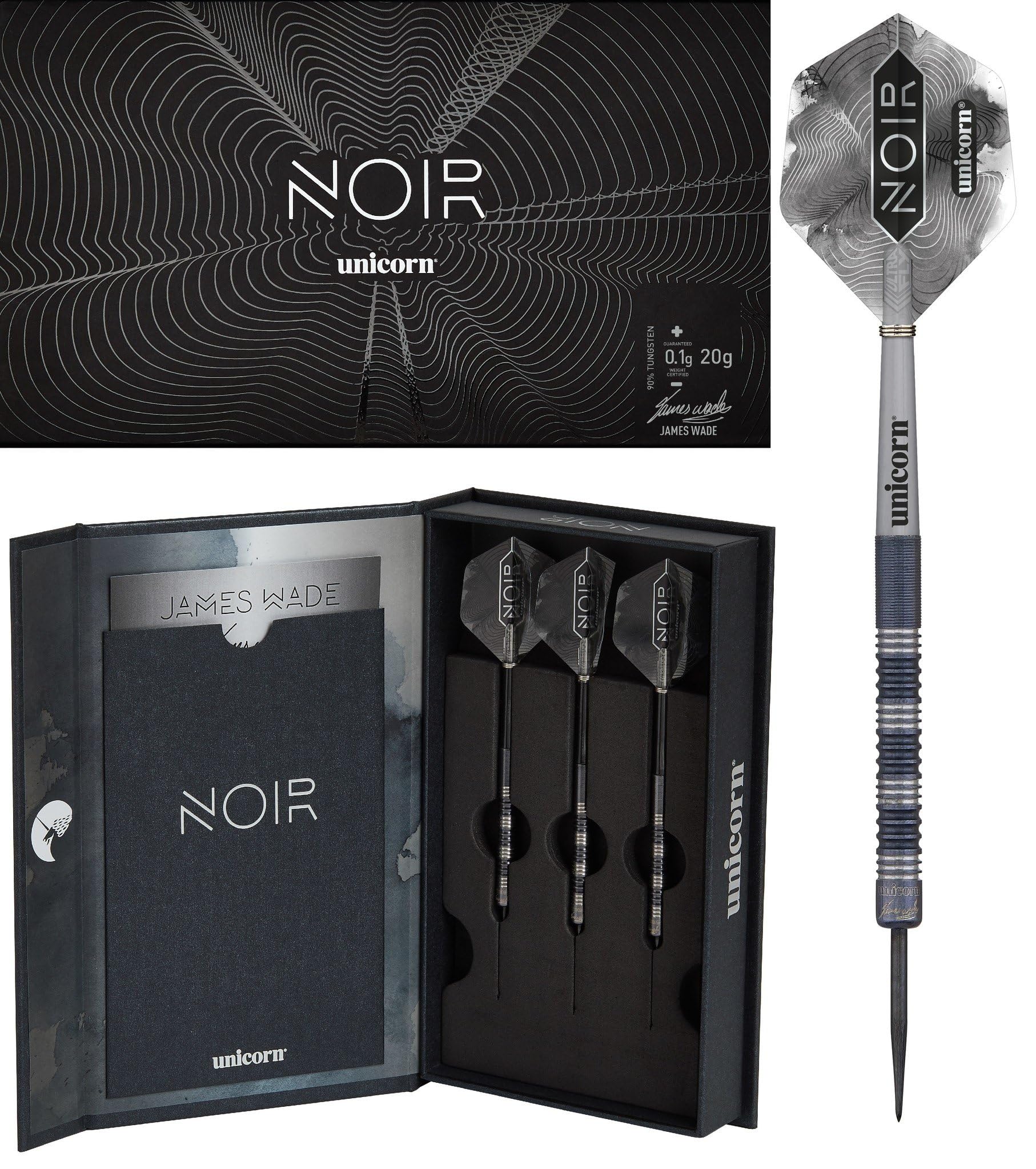Unicorn Steel Tip Professional Darts Set | James 'The Machine' Wade Noir Organic | 70% Tungsten Barrels with Black Titanium Coating | 21 g