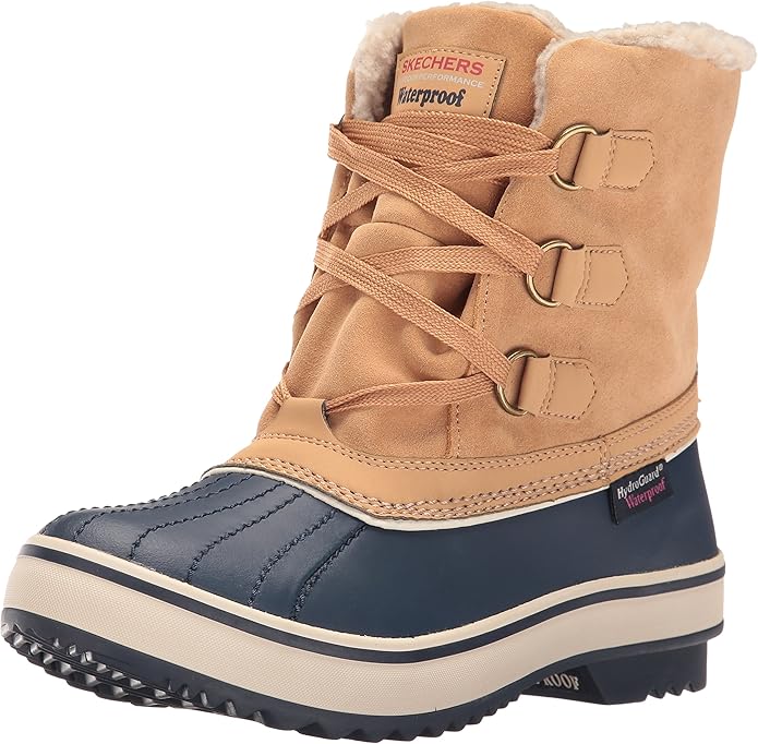Skechers Women's HighlandersWaterproof Winter Boot,Tan/Navy,5 M US