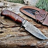 BIGCAT ROAR Bear Hunter - Handmade Damascus Steel Fixed Blade Knife 10" - Walnut Wood Handle & Leather Sheath - Bushcraft Outdoor Camping Skinning & Survival EDC Knife - Collector Hunter Gifts for Men