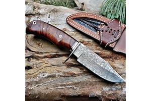 BIGCAT ROAR Bear Hunter - Handmade Damascus Steel Fixed Blade Knife 10" - Walnut Wood Handle & Leather Sheath - Bushcraft Outdoor Camping Skinning & Survival EDC Knife - Collector Hunter Gifts for Men
