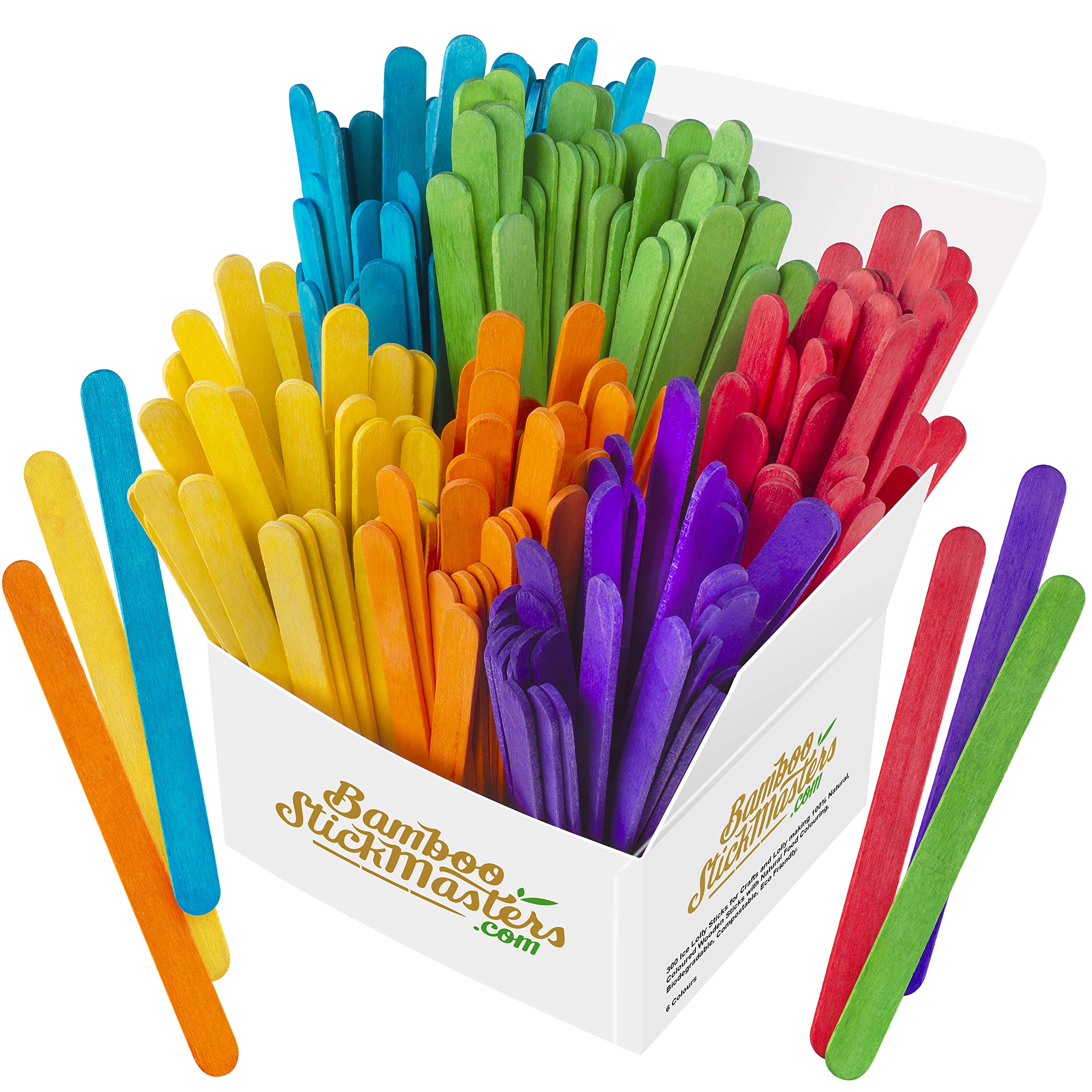 BSM Multicoloured Lolly Sticks | 300 Coloured Wooden Lollipops Stick Pack | Ideal for Craft DIY Projects, Popsicles, Baking, Kids Activities & Plant Labels | 6 Colours (114x10x2mm)