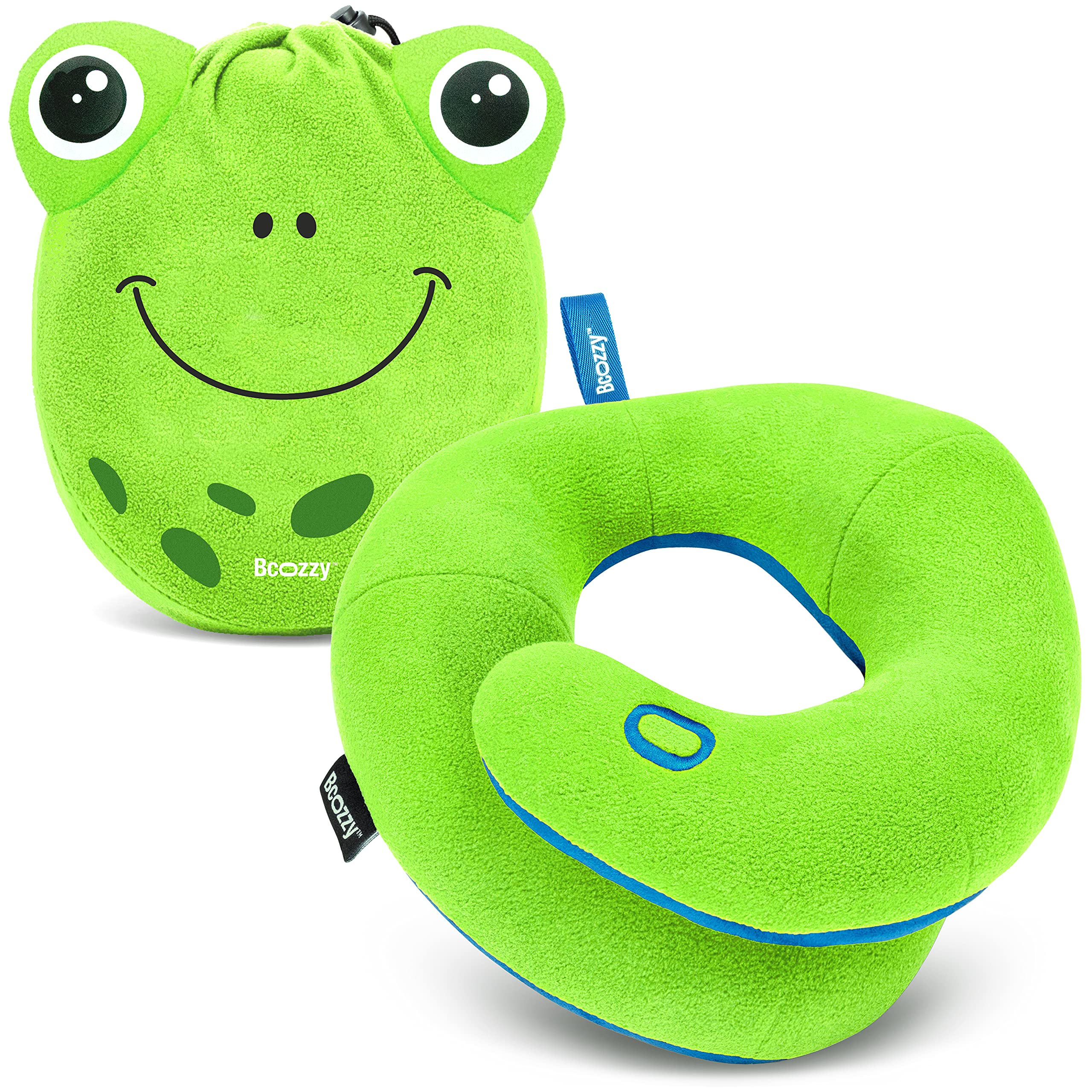 BCOZZY Kids Chin Supporting Travel Pillow for 3-7 Y/O- Stops the Head from Falling Forward- Comfortable Road Trip Essential. Soft, Washable, Small Size, Green, Frog Bag