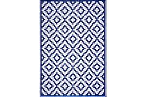 FH Home Outdoor Rug - Waterproof, Fade Resistant, Reversible - Premium Recycled Plastic - Geometric - Porch, Deck, Balcony, Mudroom, Laundry Room, Patio - Aztec - Blue & White Crease Free - 3 x 5 ft