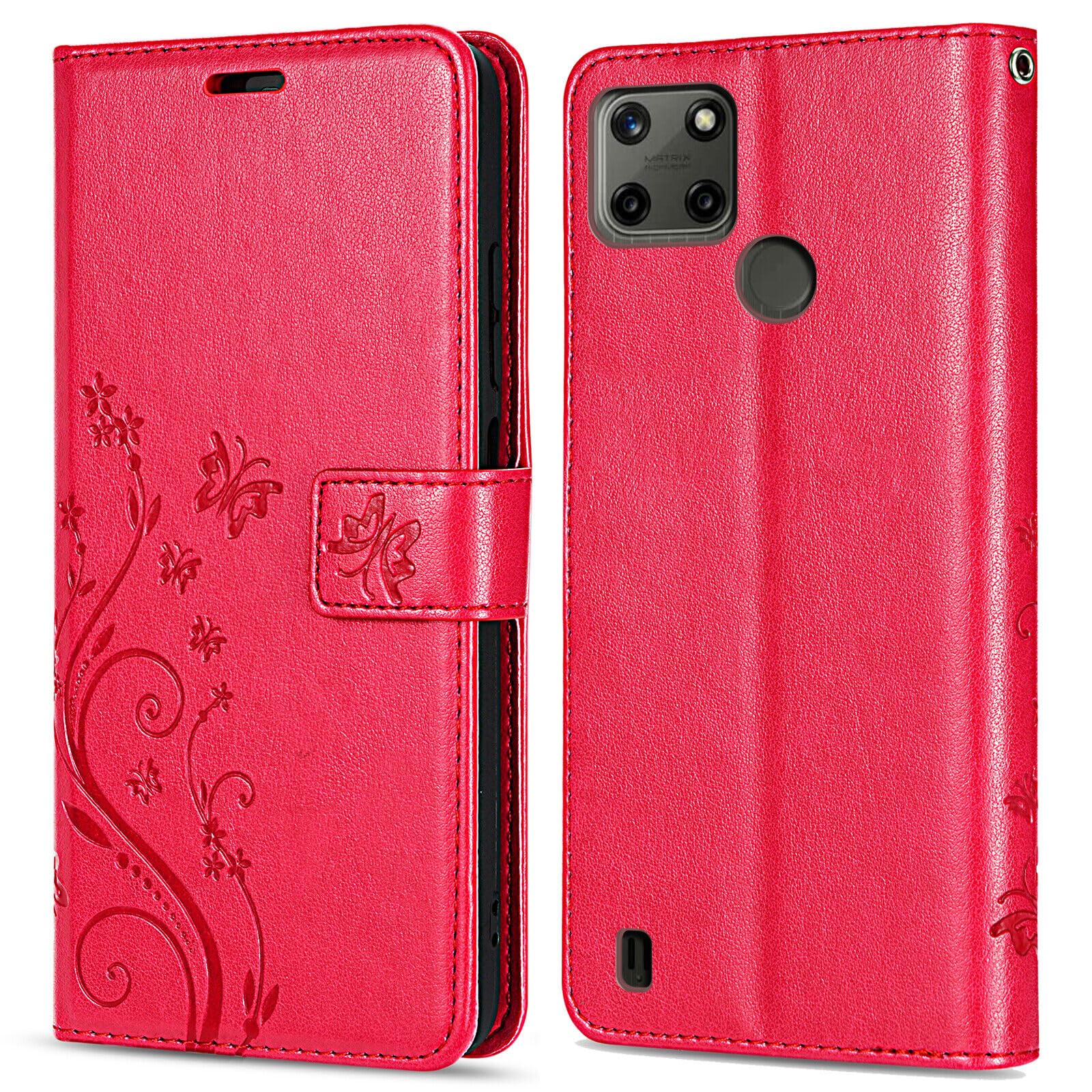 betterfon Mobile Phone Case for Realme C21Y / C25Y Case, Realme C25Y / C21Y - Flip Case Protective Mobile Phone Case [Card Slots] [Magnetic Closure] [Stand Function] Flower, Red