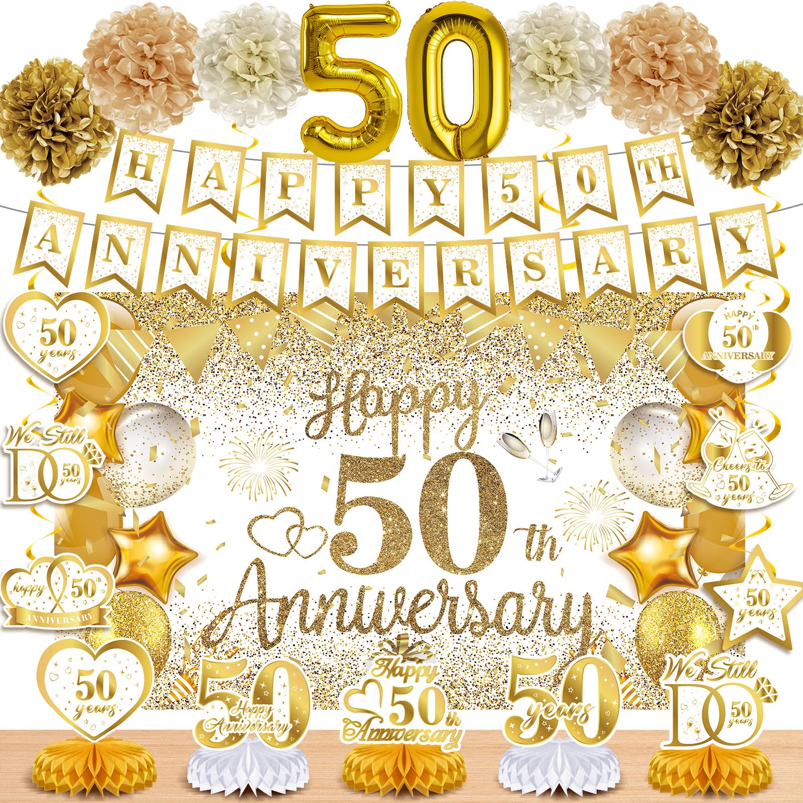 Photo 1 of 50th Golden Wedding Anniversary Decorations - White Gold Happy Anniversary Banner Backdrop Centerpiece Hanging Swirls Pom Poms