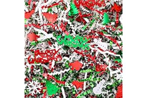 Jansun Christmas Crinkle Cut Paper Shred, 115g/4oz Metallic Red Green White Raffia Cut Paper Shred Filler with Xmas Tree Snowman Santa Confetti for Gift Wrapping Craft Basket Filler Christmas Party Decorations