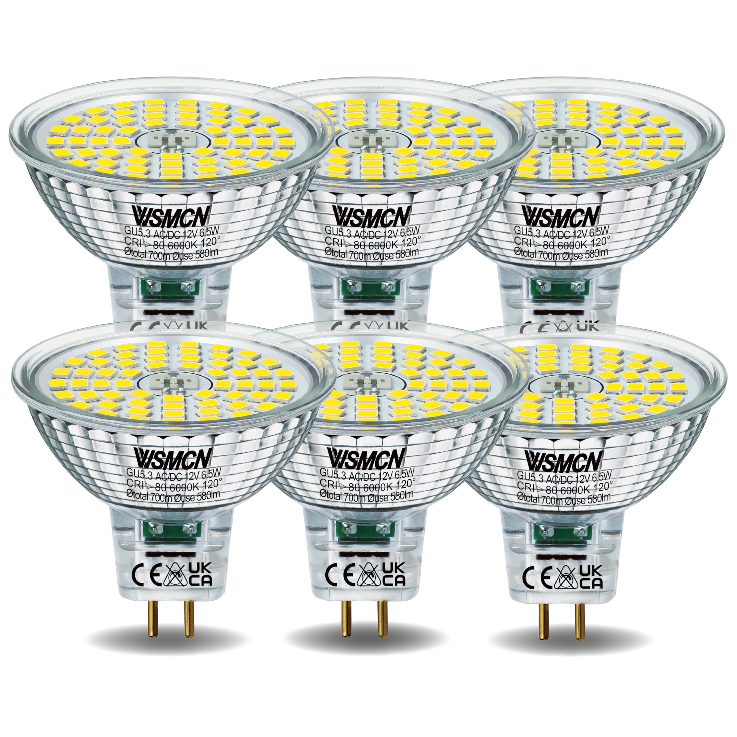 WSMCN MR16 GU5.3 LED Light Bulbs Cool White 6000K, 6.5W Equivalent to 60W Halogen, Bi-Pin Base 12V 700LM, Non Dimmable, 120° Beam Angle Spotlight, Pack of 6 — image 1