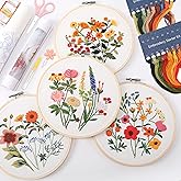 VIVIDOX 4 Sets Embroidery Kit for Beginners with Stitch Video, Flower Cross Stitch Kits for Adults, Starter, Hand Craft Lover Practice with Floral Stamped Pattern, 2 Hoops, 16 Needles, Scissors, Tools
