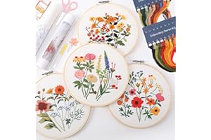 VIVIDOX 4 Sets Embroidery Kit for Beginners with Stitch Video, Flower Cross Stitch Kits for Adults, Starter, Hand Craft Lover Practice with Floral Stamped Pattern, 2 Hoops, 16 Needles, Scissors, Tools