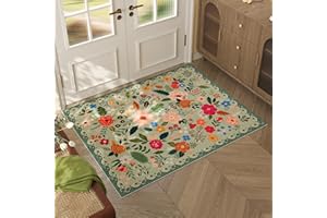 Rugcomf Door Mat Indoor Entrance 2x3 Rug Machine Washable Boho Floral Small Area Rug Non-Slip Low Pile Throw Rugs for Entryway, Kitchen, Front Door Indoor Entrance, Entry, Kids Room (Green)