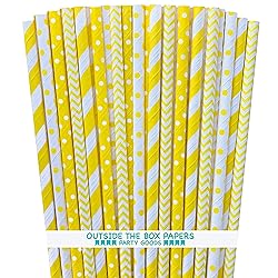 Yellow and White Paper Straws - Stripe Chevron