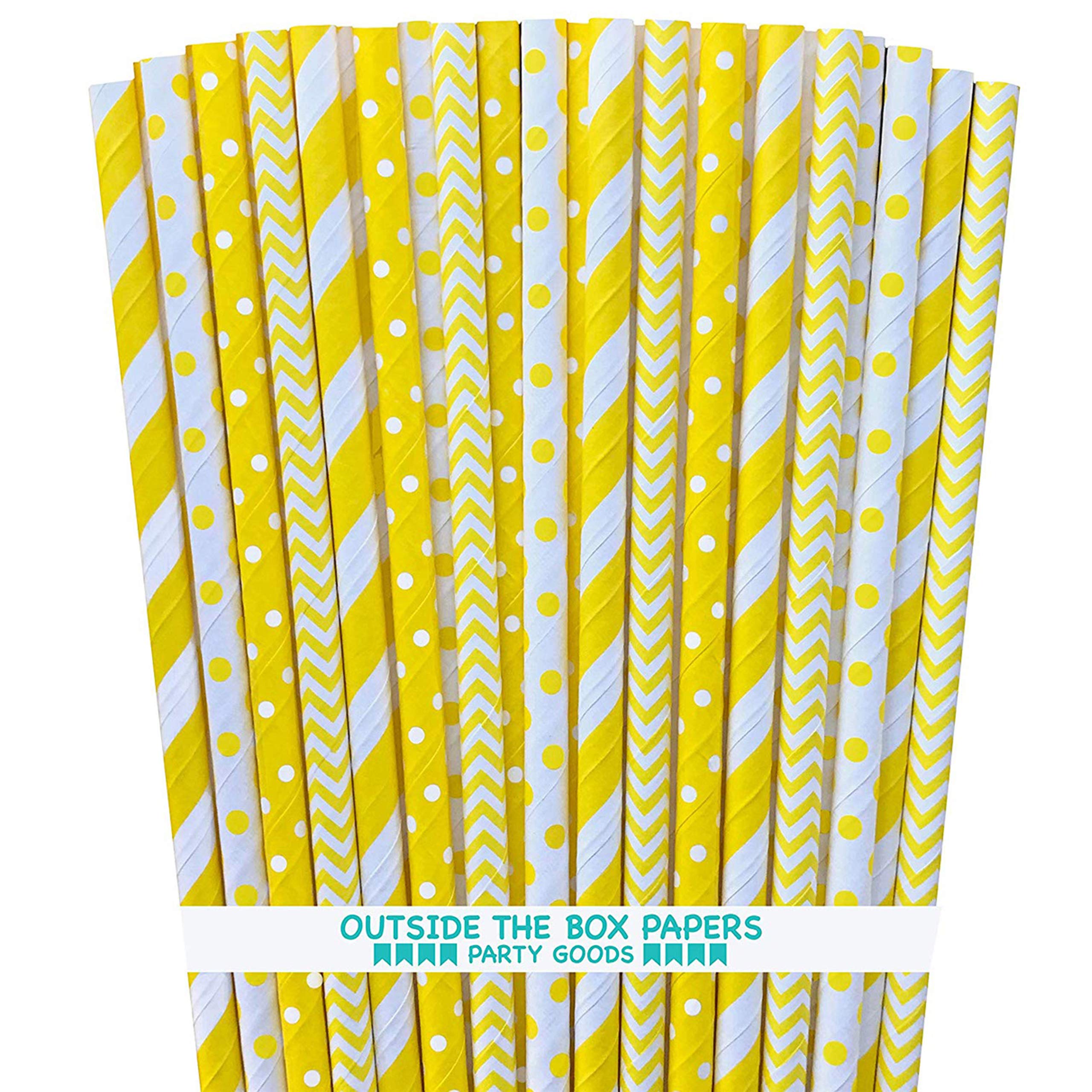 Yellow and White Paper Straws - Stripe Chevron
