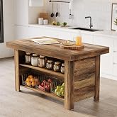 LITTLE TREE 55 Inches Kitchen Island with Storage, 3-Tier Farmhouse Wooden Stationary Island Table with Large Worktop &amp; Leg Room, Modern Coffee Bar Table with Storage Shelf for Kitchen, Rustic Brown