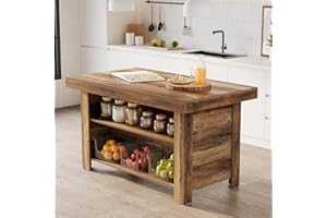 LITTLE TREE 55 Inches Kitchen Island with Storage, 3-Tier Farmhouse Wooden Stationary Island Table with Large Worktop & Leg Room, Modern Coffee Bar Table with Storage Shelf for Kitchen, Rustic Brown