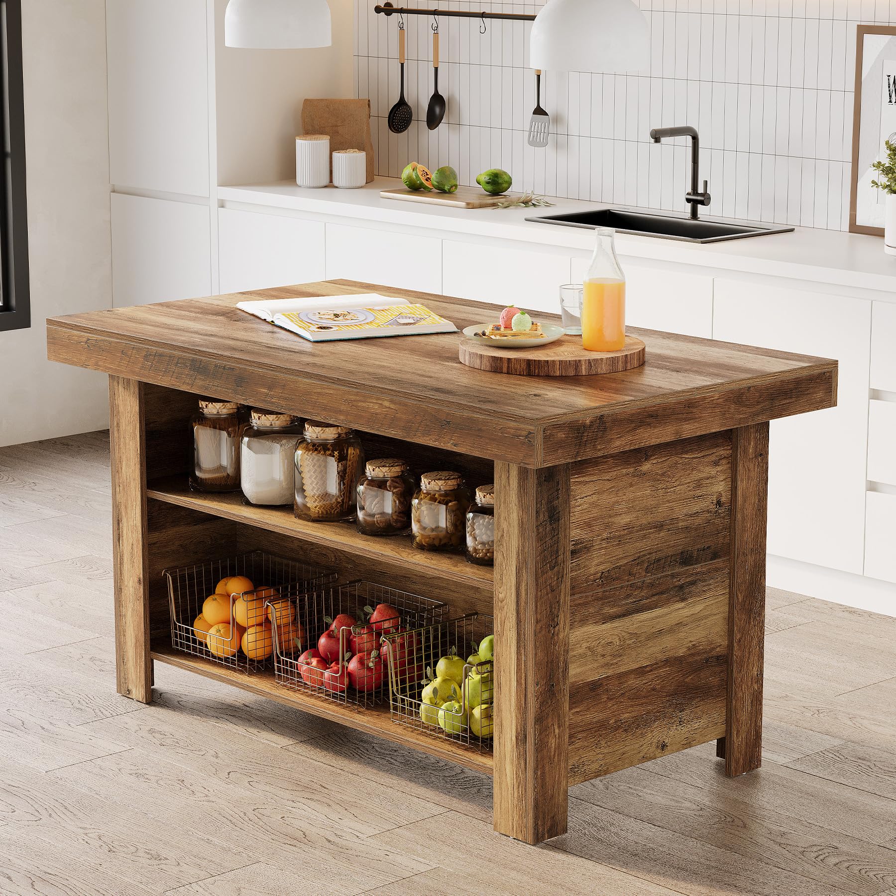 Photo 1 of LITTLE TREE 55 Inches Kitchen Island with Storage, 3-Tier Farmhouse Wooden Stationary Island Table with Large Worktop & Leg Room, Modern Coffee Bar Table with Storage Shelf for Kitchen, Rustic Brown