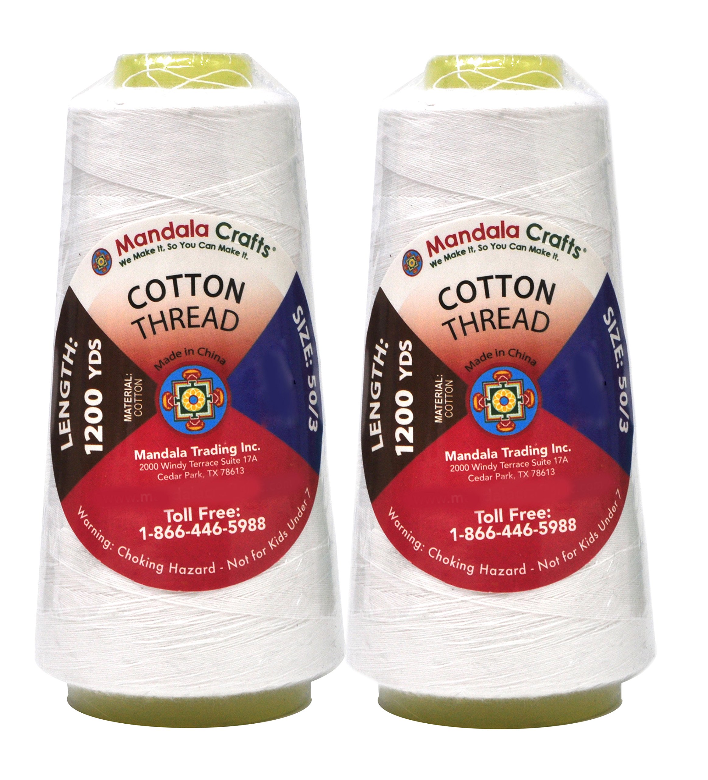 Mandala Crafts White Mercerized Cotton Thread for Sewing Machines, Serger, and Embroidery – 2400 Yards 50WT Cotton Cone Quilting Thread
