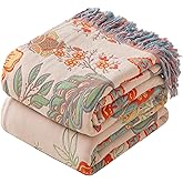 Phuryllic Boho Throw Blanket Twin Size, Soft Cozy Cotton Muslin Quilt Blanket for Bed Decor, Floral Patterned Couch Sofa Chair Cover, Vintage Farmhouse Cottage Tapestry Woven Blanket, Coral&Green