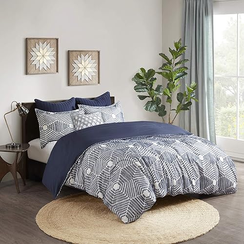 INK+IVY Ellipse 3 Piece Duvet Cover 100% Cotton Jacquard Geometric Print Design, Reverse Solid, Modern All Season Comforter Cover Bedding Set with Sham, Full/Queen(88"x92") Navy 3 Piece