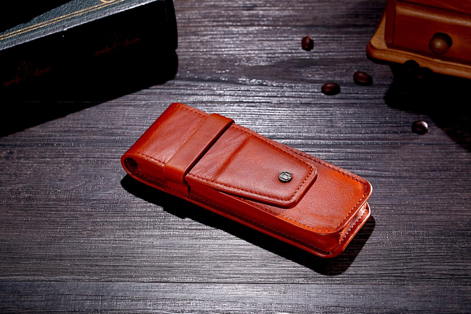 Cronus & Rhea - Pencil Case Made of Leather (Basilisk) - Pen Holder Folder Roller - with Gift Box - Men Women (Cognac) - Image 5