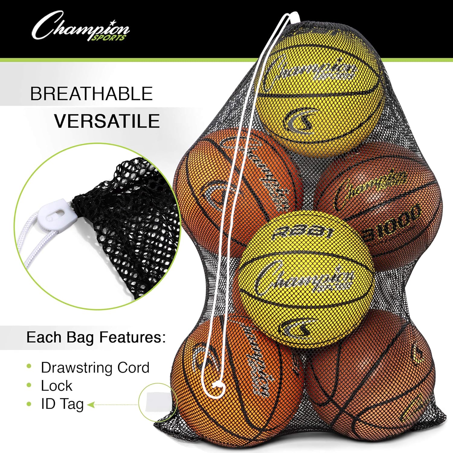 Champion Sports Mesh Sports Equipment Bag, Set of 6, 24x36 Inches - Multipurpose, Nylon Drawstring Bag with Lock and ID Tag for Balls, Beach, Laundry: Sports & Outdoors