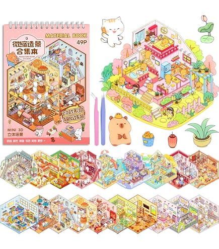 Set de 4 Autocollants 3D Maison DIY, Livre de Scènes, Créez Votre Propre Supermarché/Café/Restaurant/Librairie pour Enfants et Adultes
