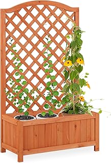 Relaxdays Rankkasten mit Rankgitter, wetterfest, Holz, Balkon, Garten, Rosen, Wein, 20 l Kübel, Rankhilfe, orangebraun