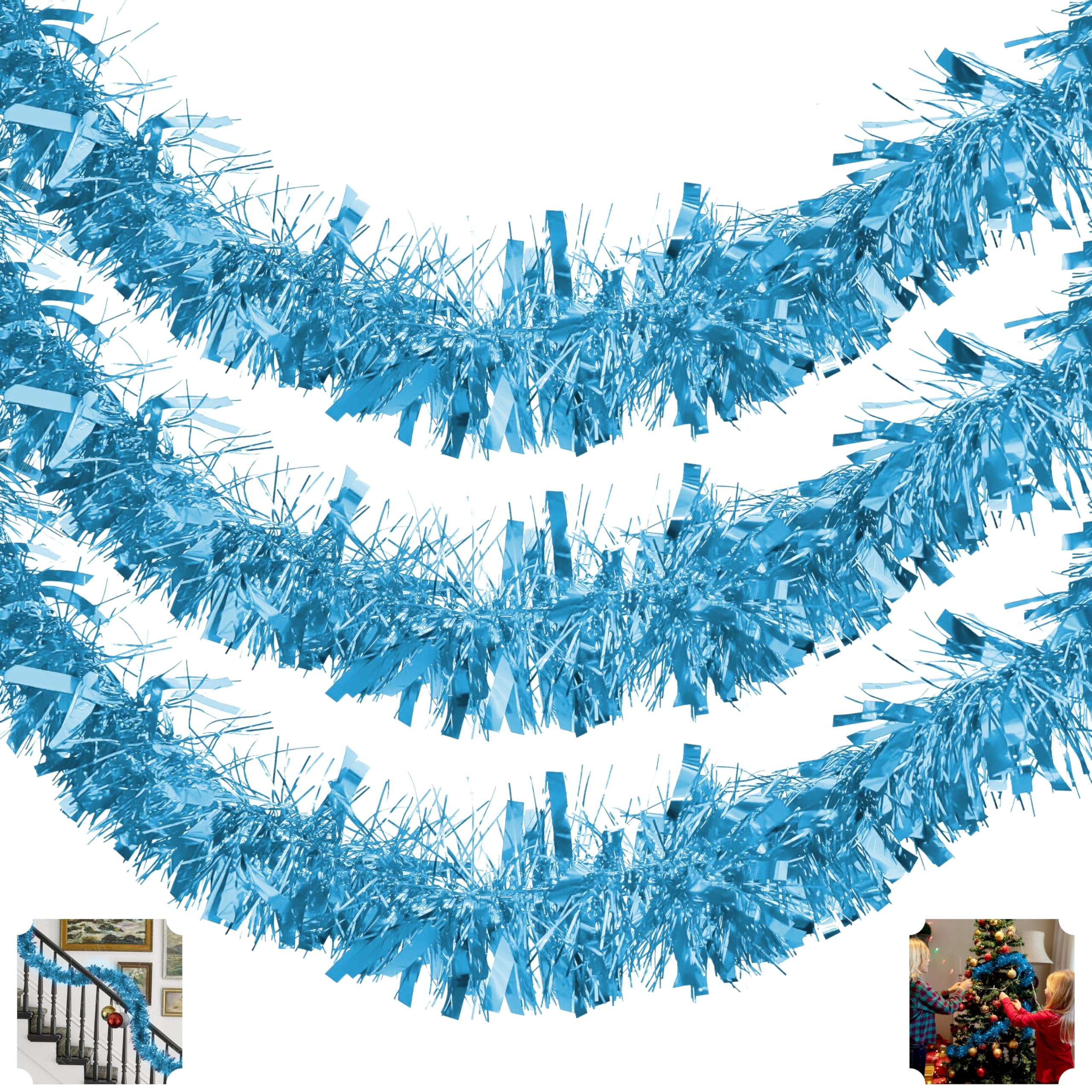 HOVUK® 3-Pack Ice Blue Thick & Thin Tinsel Garland Christmas Decoration, Total 6M Xmas Tree Decor (Each 2M Ice Blue Tinsels)